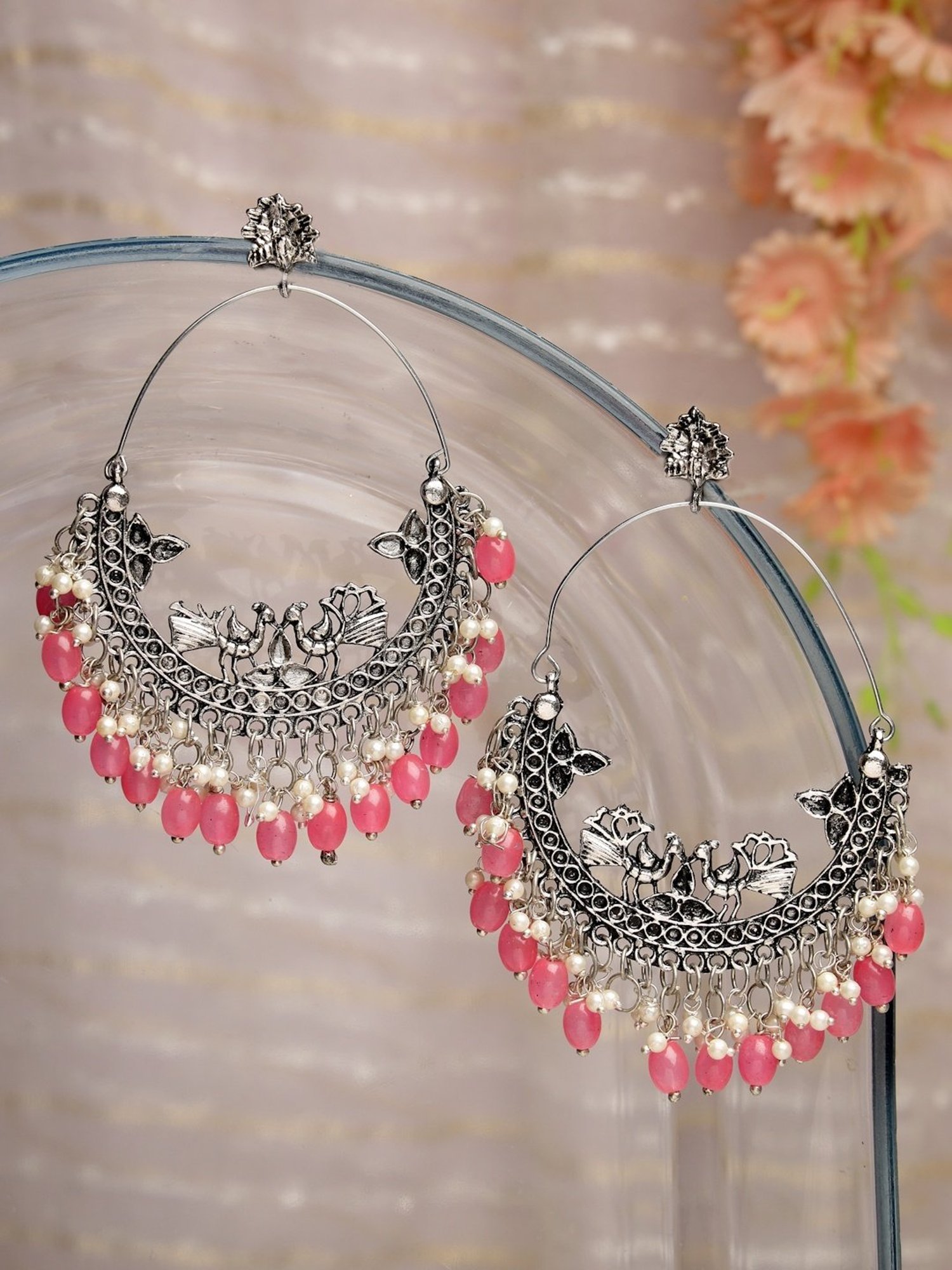Moedbuille Handcrafted Pink Pearl Filigree Work Silver-Plated Antique Tassel Chand Bali Earrings