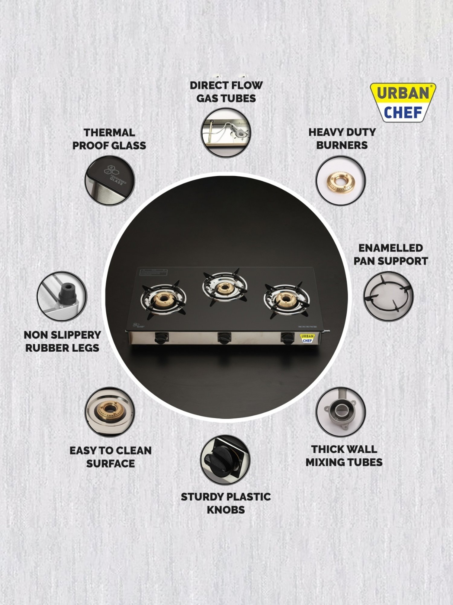 Urban Chef Gas Stove with 3 Burners ( Black )