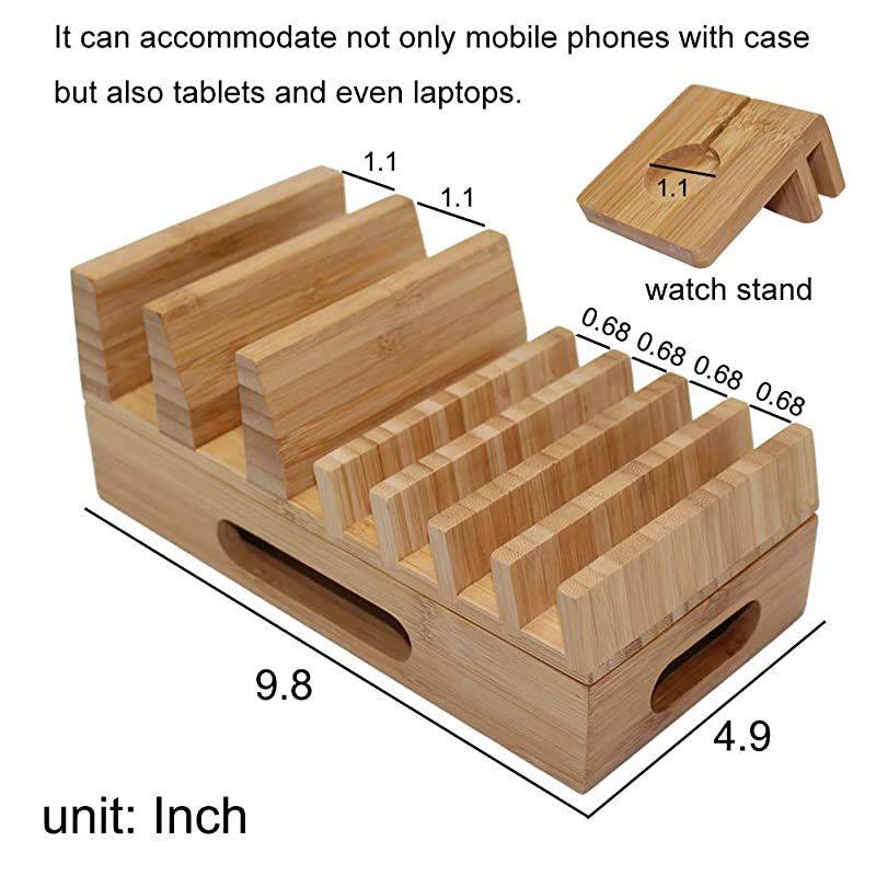 amp Hulin Bamboo Charging Station Holder with 5 Port USB Charger Watch Stand 5 x Charge Cable Wood Docking Stand Electronic Organizer for Multiple Devices Phones Tablets Laptop and More