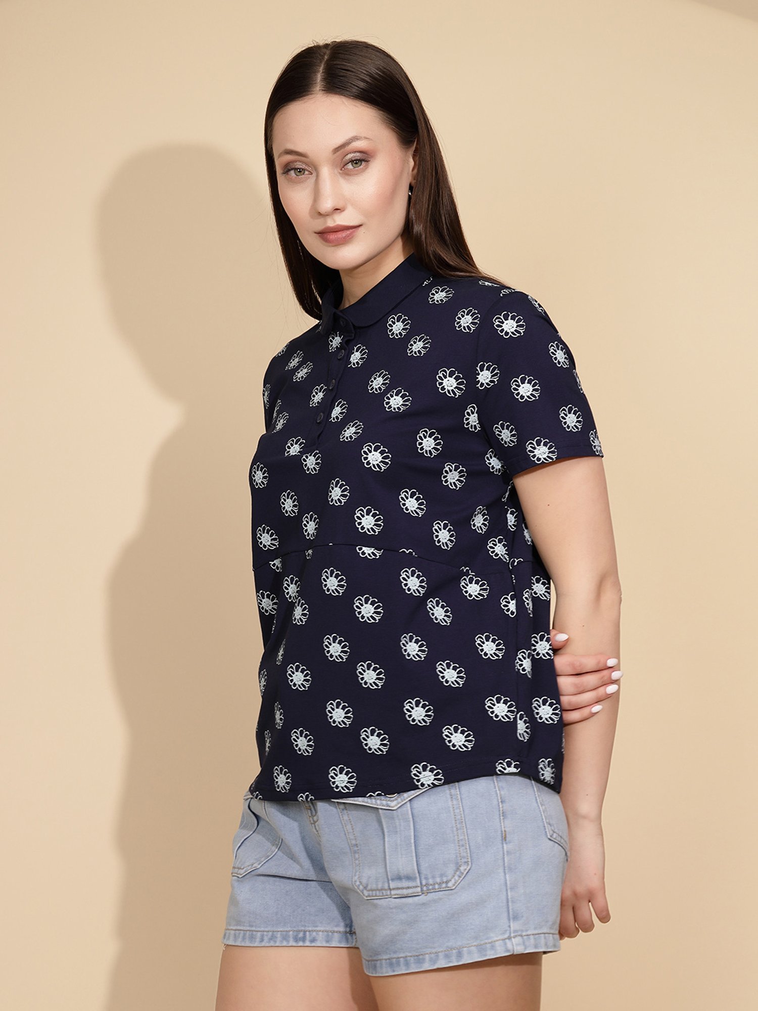 Global Republic Navy & White Floral Print Polo T-Shirt