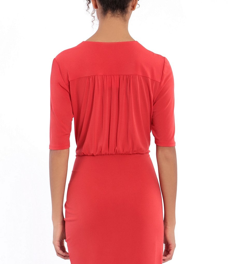 London Times Short Sleeve V-Neck Drawstring Slit Midi Dress