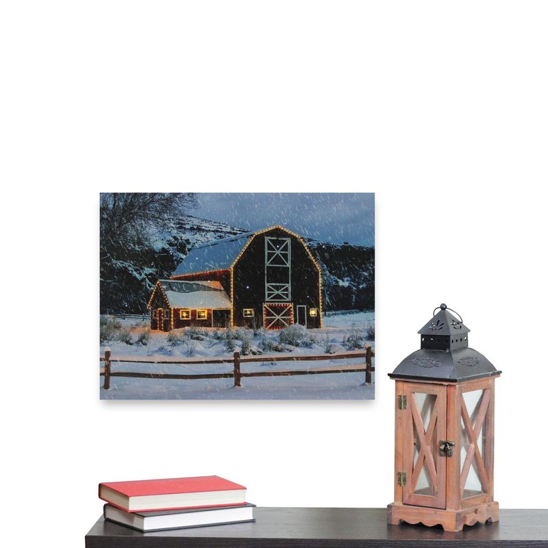 Northlight LED Fiber Optic Snowy Red Barn Christmas Canvas Wall Art 15.75" x 12"
