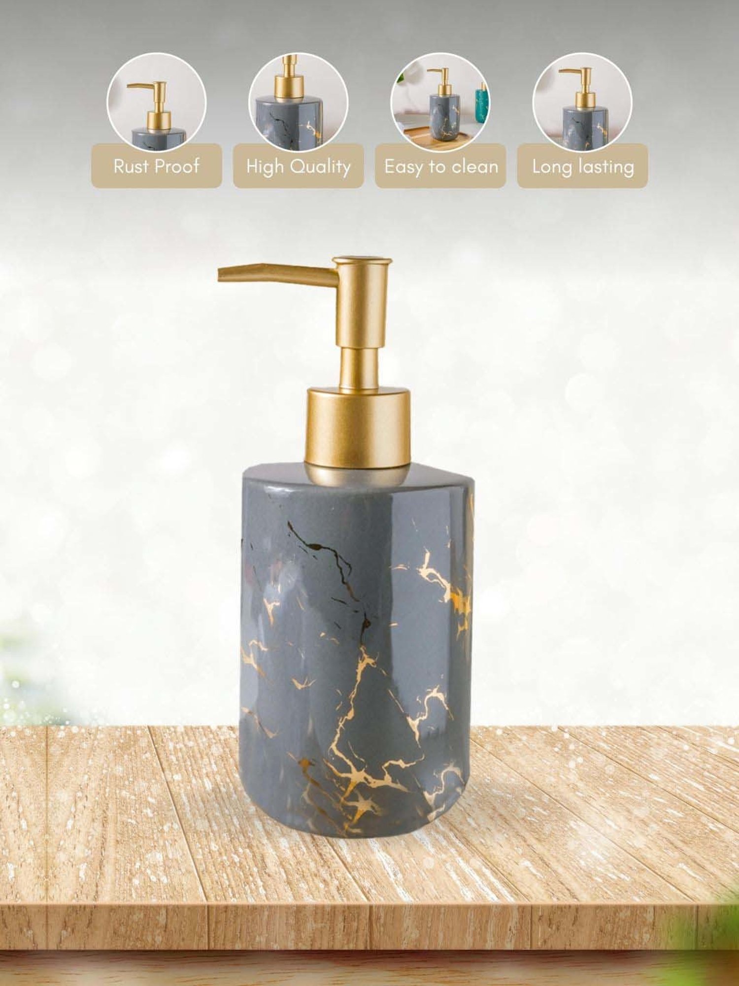 Nestasia Premium Quality Grey With Golden Splash Soap Dispenser With Metal Nozzle (300 ml)