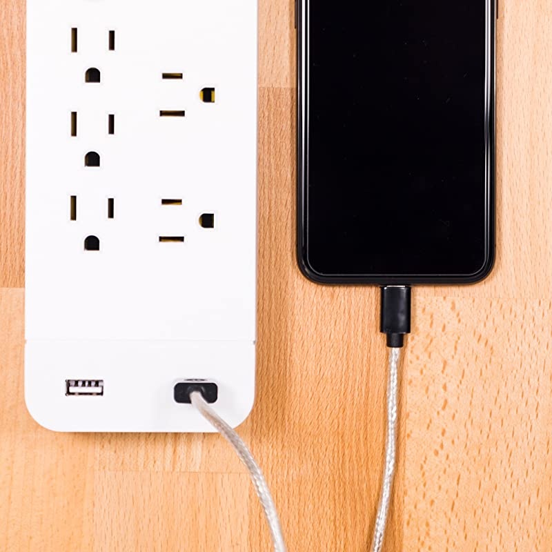 White Strip SurProtector Charger 7 Outlets 2 USB Ports Fast CharFlat Plug Long Power Cord 6 Feet Wall Mount Warranty 36363 6 Ft
