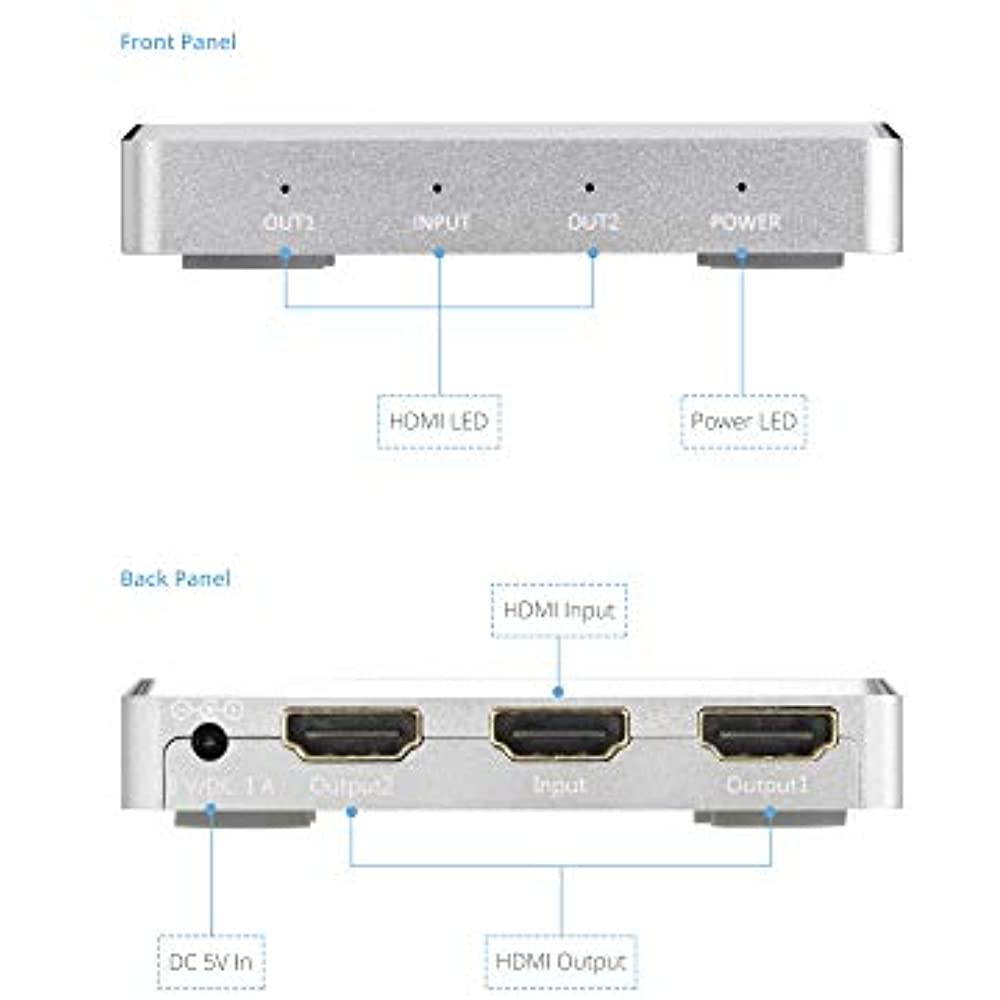 XtremPro HDMI Splitter Slim 1x2 Ports, 1 in 2 out Aluminium Splitter w/ AC Adapter, Supports HDTV, 4K2K 1080P, Full 3D for PS, Xbox, Nintendo, Projector - Silver (62102KA)