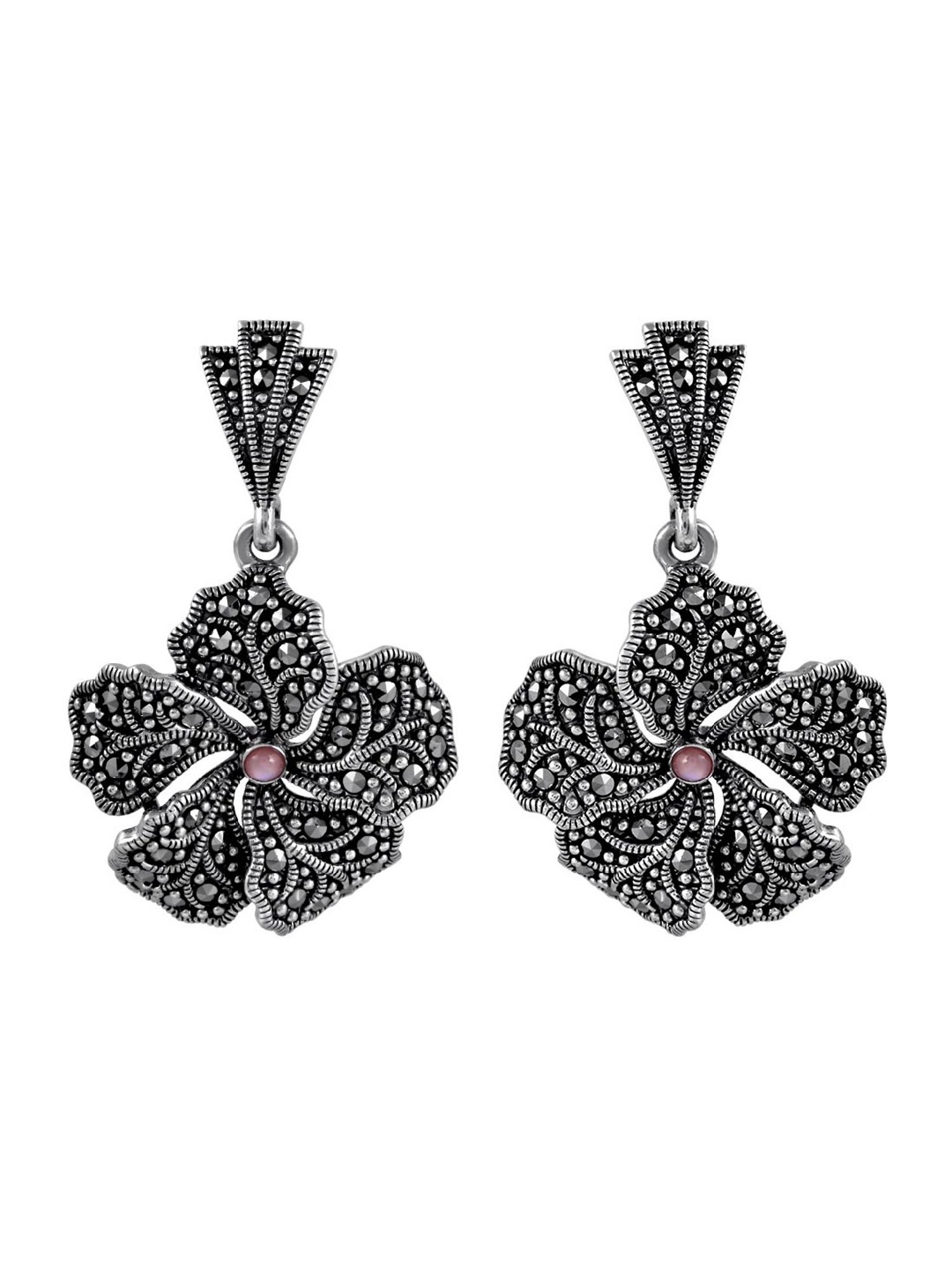 Rihi by P.C. Chandra Jewellers Oxidized Flower Necklace And Earring Set With Pink Stone