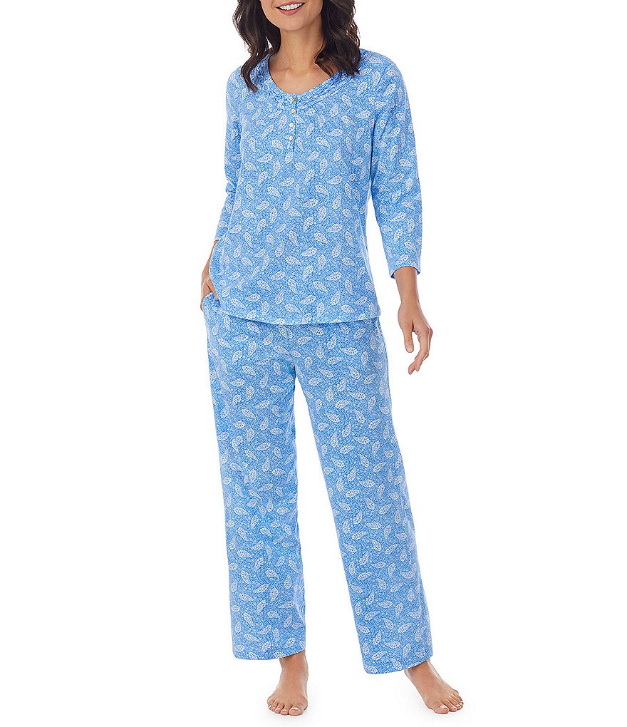 Carole Hochman Distressed Paisley Print V-Neck 3/4 Sleeve Drawstring Tie Jersey Knit Coordinating Pajama Set