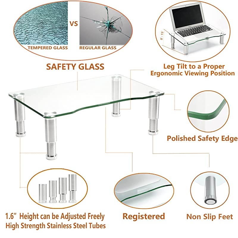 Tempered Glass Computer Monitor Riser with Height Adjustable Multi Media Desktop Stand for Flat Screen LCD LED TV, Laptop/Notebook/Xbox One,HD01T-002