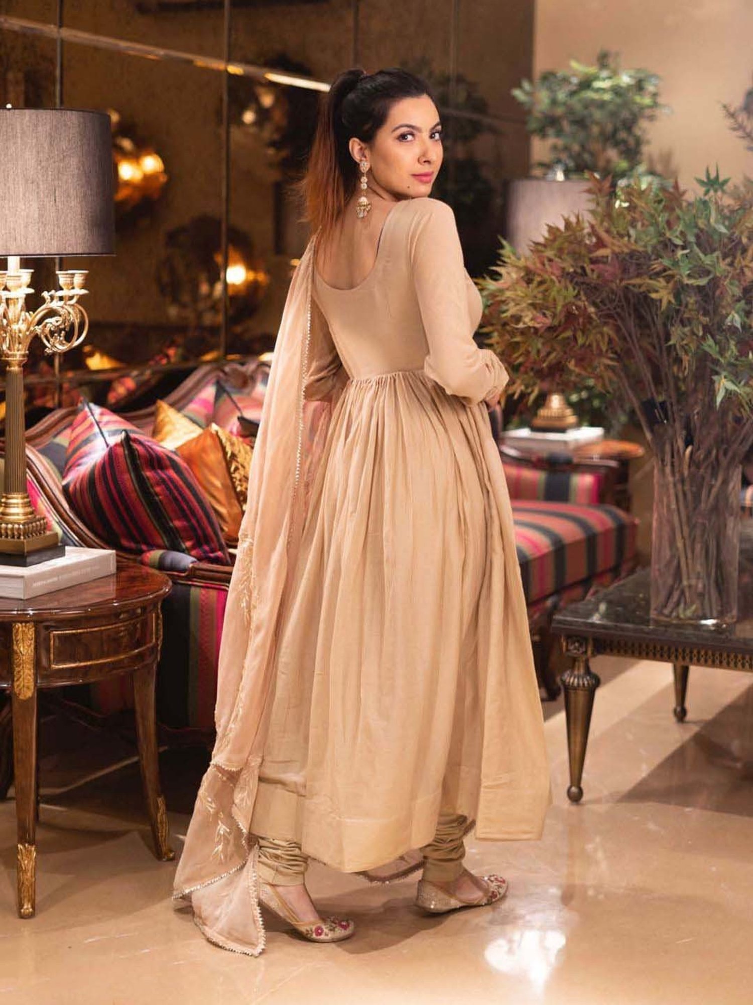 AACHHO Beige Kurta Pant Set With Dupatta