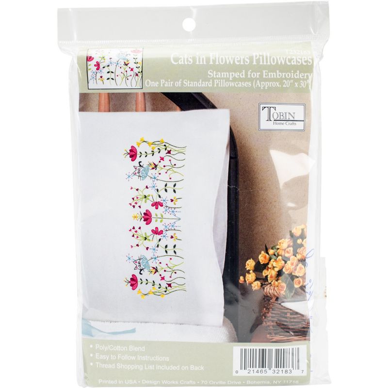 Tobin Stamped For Embroidery Pillowcase Pair 20"X30"-Cats In Flowers