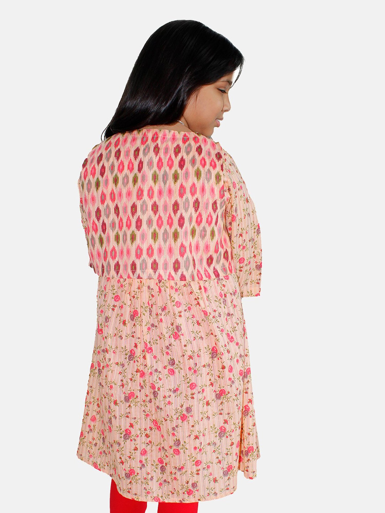 Kiddopanti Kids Peach Floral Print Anarkali Kurta with Crop Shrug