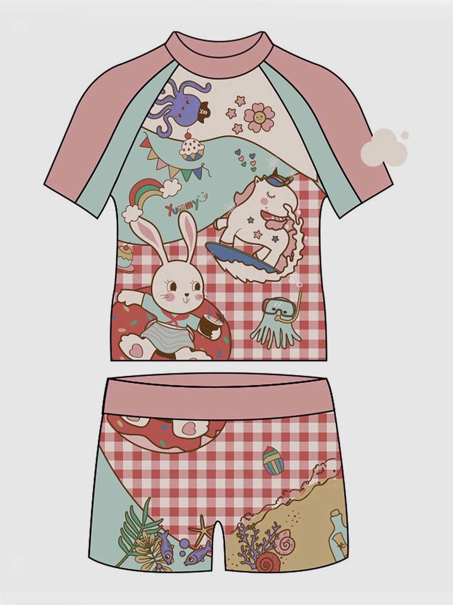 Little Surprise Box Kids Peach & Mint Green Rabbit Printed T-Shirt Set