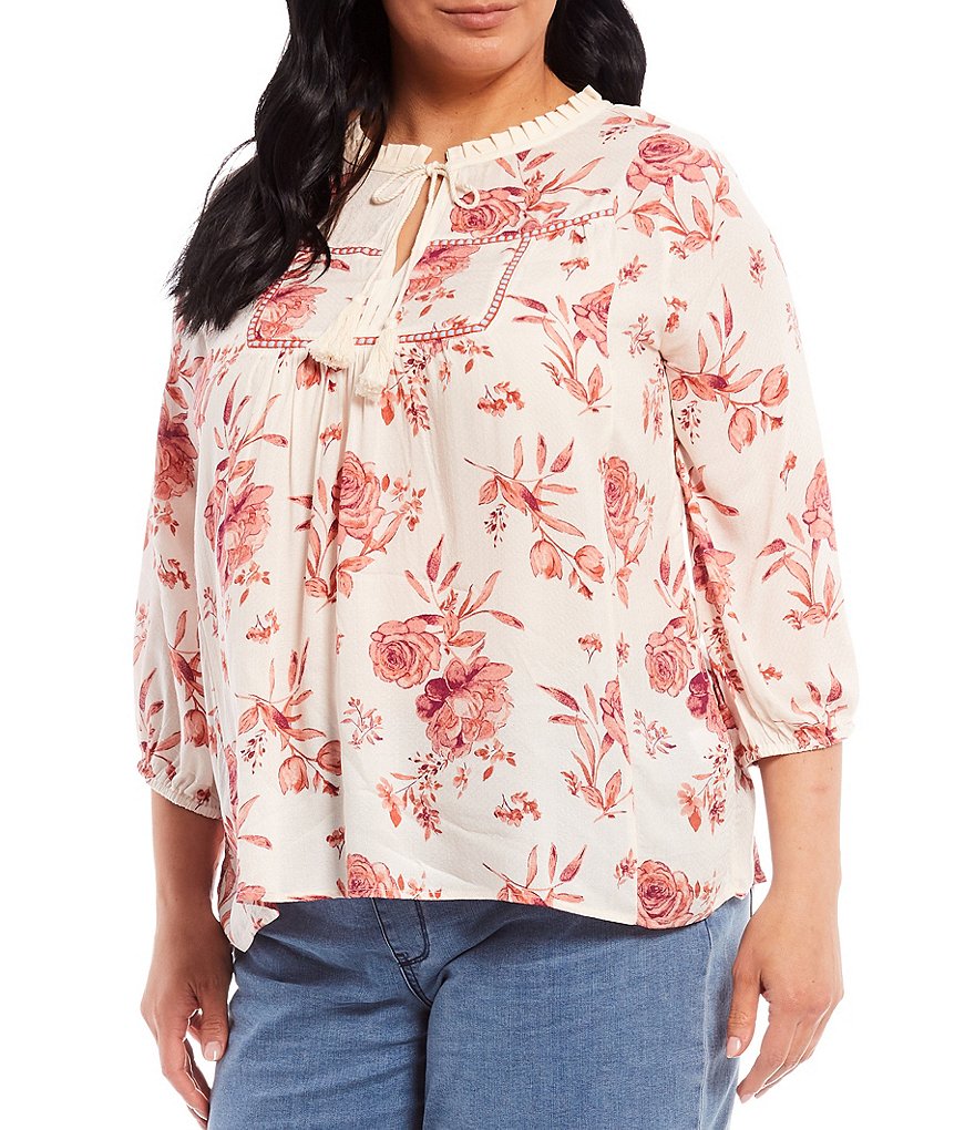One World Apparel Plus Size Large Floral Daze Print Tassel Tie Neck 3/4 Bubble Sleeve Peasant Top