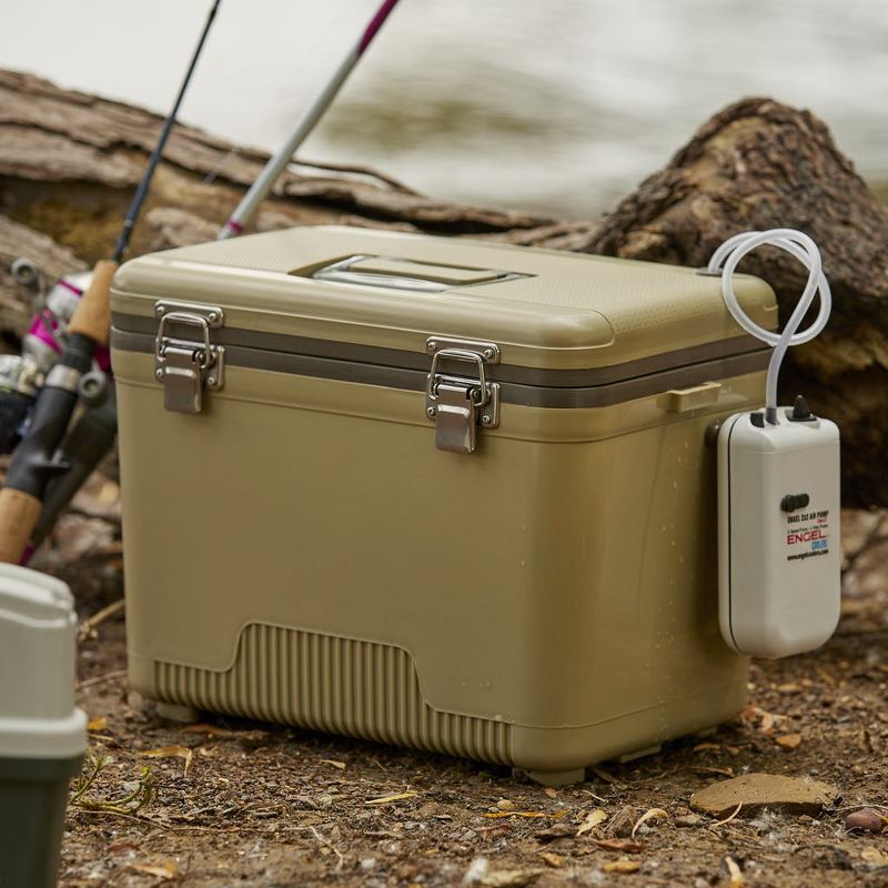 Engel 13 Quart Portable Insulated Live Bait Fishing Dry Box 18 Can Hard Airtight Cooler with Water Speed Aerator Pump and Removable Pull Net, Tan
