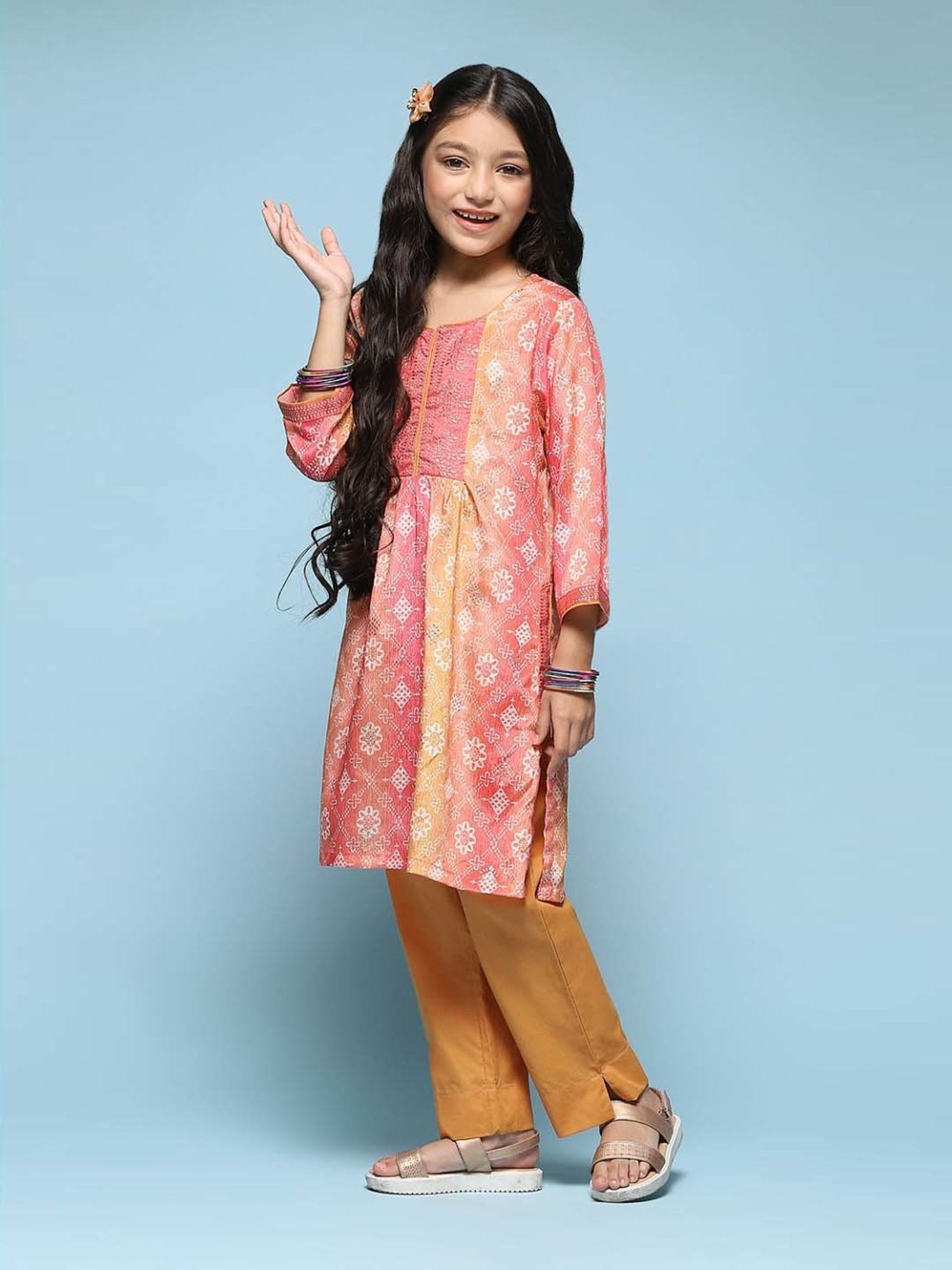 BIBA Girls Kids Pink & Mustard Printed Kurta Set