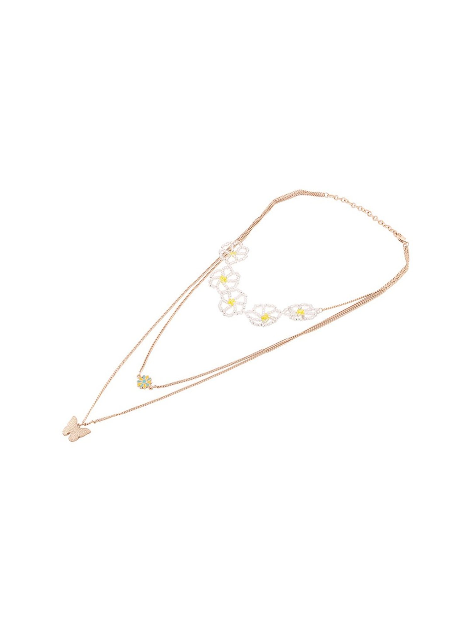 Zaveri Pearls Yellow Flowers Beaded & Butterfly Drop 3 Layers Necklace -ZPFK14046