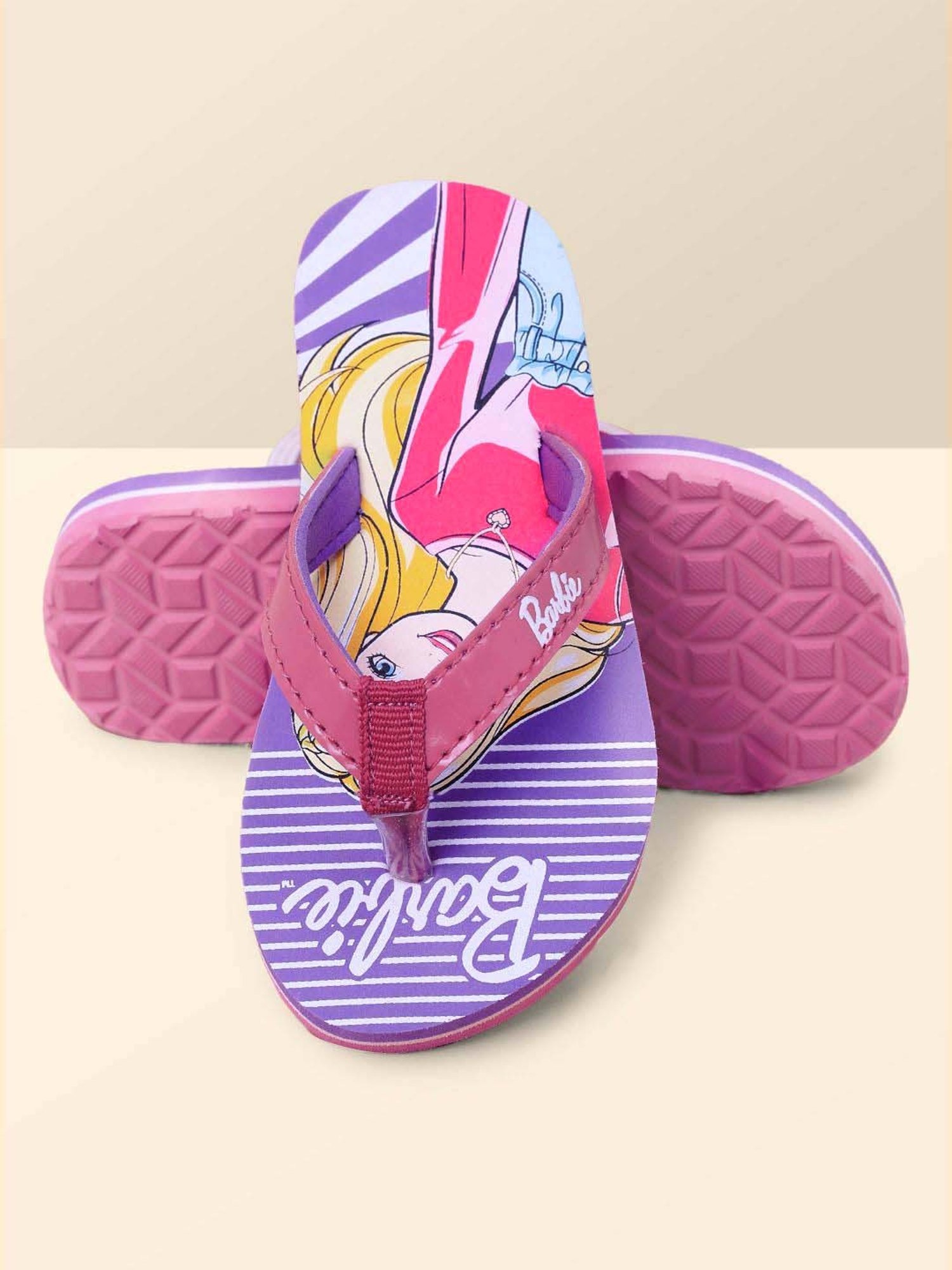 Kidsville Barbie Printed Pink & Purple Flip Flops
