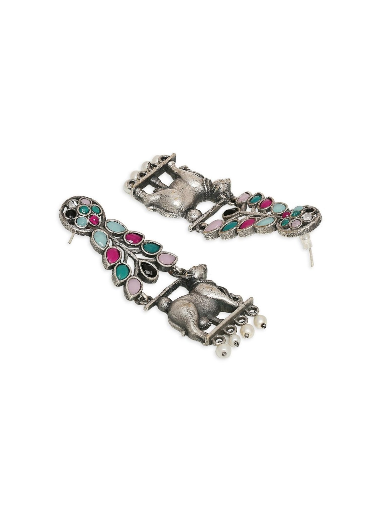 OOMPH Silver Oxidized Look Alike Made in Indian Cow Shape Ethnic Dangler Earrings