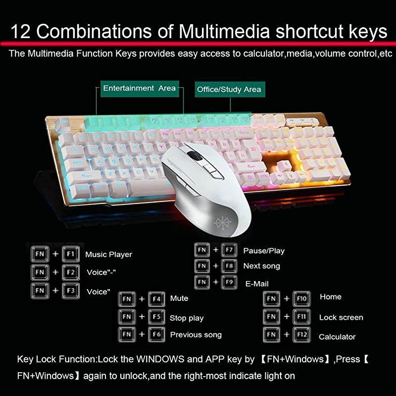 Keyboard and MouseSuspended Keycap Mechanical Feel Backlit Gaming Keyboard MouseFast ChargingWireless 24G Drive FreeAdjustable Breathing LampAntighosting12 Multimedia Keys White
