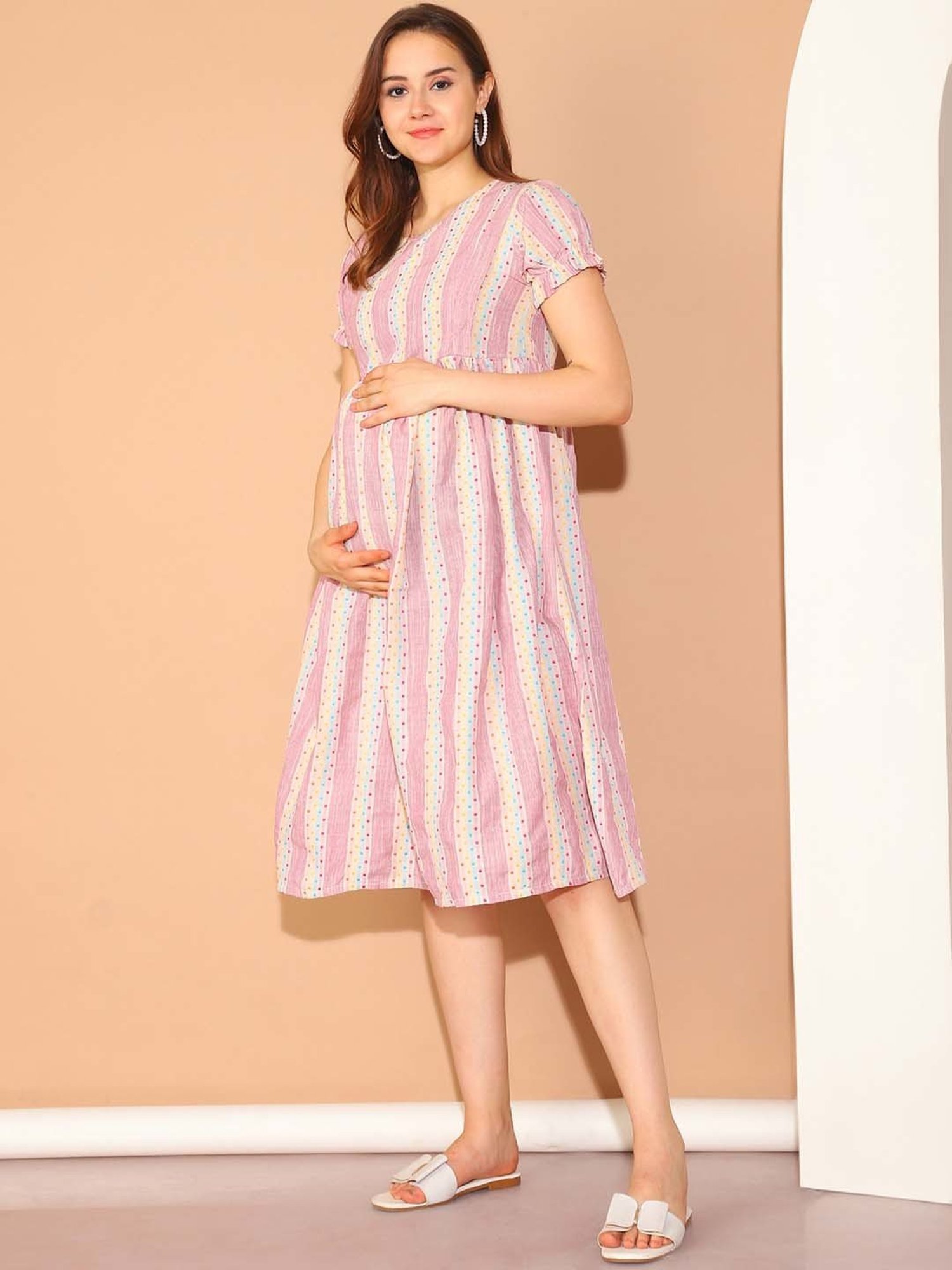 Moms Maternity Pink Polka Dot Print Maternity Midi Dress