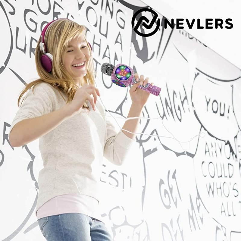 Karaoke Bling Microphone with Wireless Bluetooth Speaker, Voice Changer and Colorful LED Lights, Easy to Use Portable Karaoke Machine for Kids and Adults - Pink Crystal