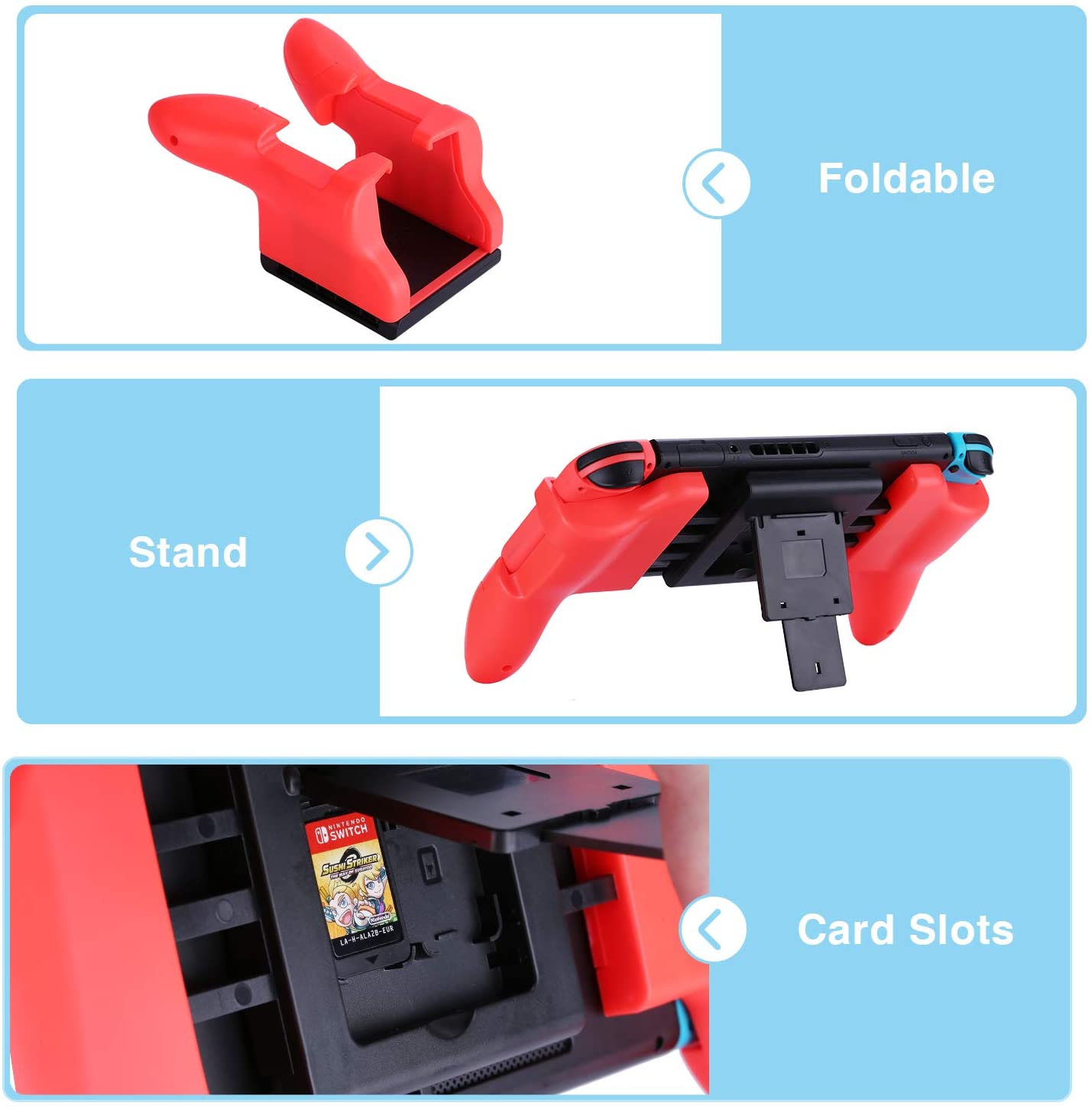 Nintendo Switch Grip Stand, AISITIN Joy-Con Grips for Switch Controller,Comfort Switch Hand Grip Handle Kit with Game Card Slots,6 Thumb Grips for Nintendo Switch Accessories 4in1