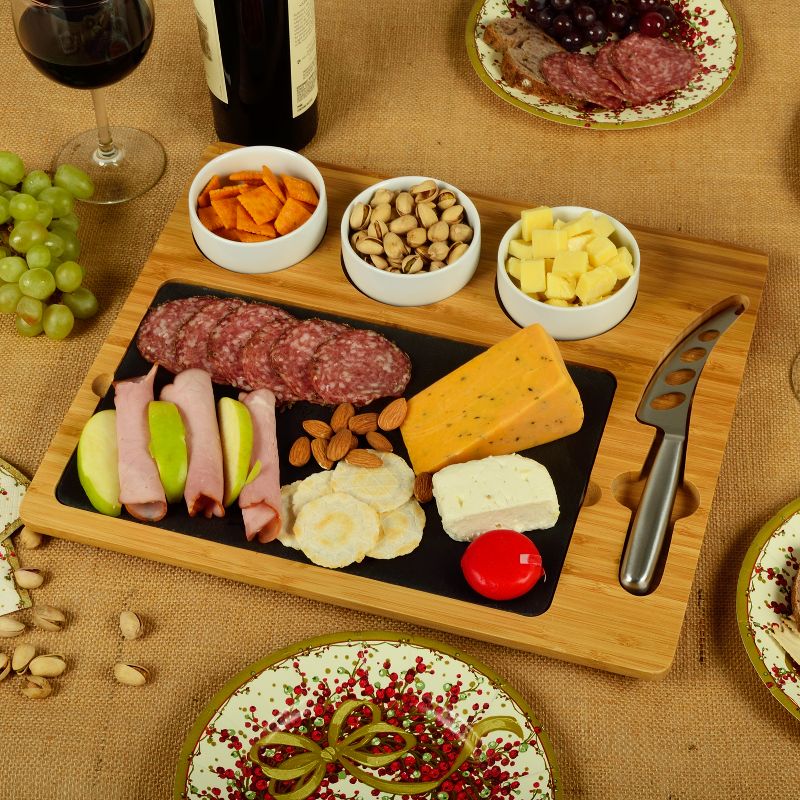 Picnic at Ascot Bamboo Cheese Board with 3 Ceramic Bowls, Bamboo Spoons, Stainless Steel Cheese Tools & Cheese Markers