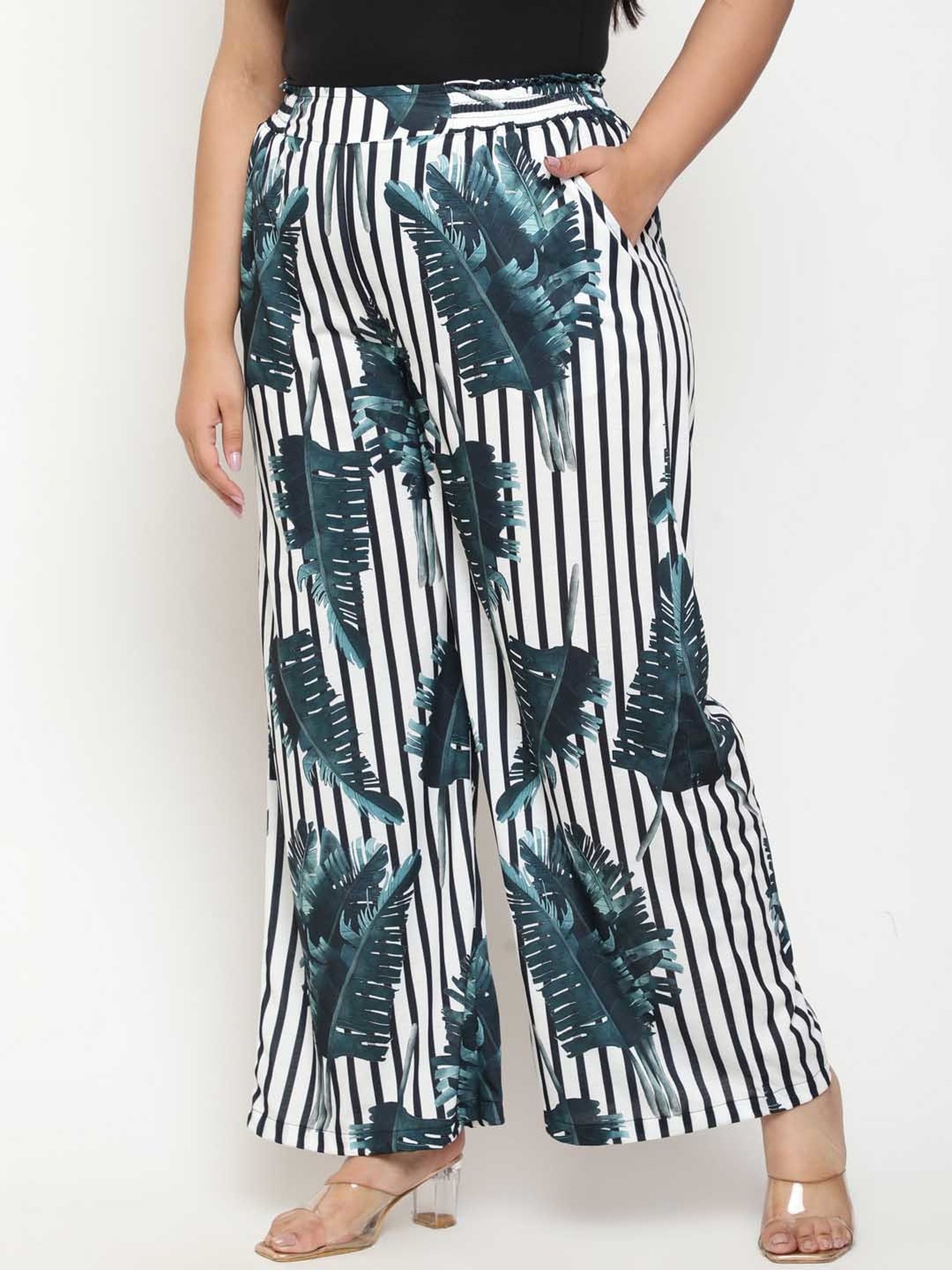 Amydus White & Green Printed Flared Fit High Rise Pants