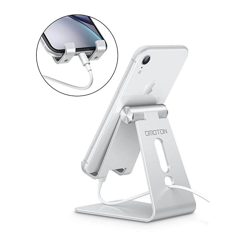 Adjustable Cell Phone Stand  Aluminum Desktop Cellphone Stand with AntiSlip Base and Convenient Charging Port Fits All Smart Phones Silver