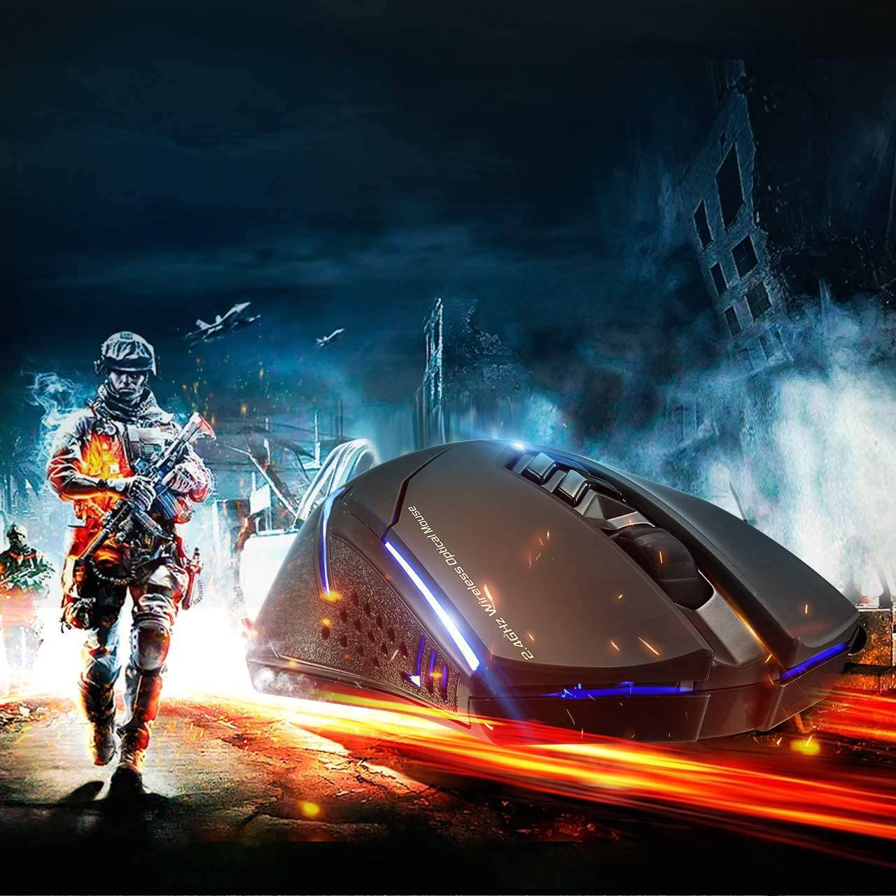 Wireless Gaming Mouse with Unique Silent Click, Breathing Backlit, 2 Programmable Side Buttons, 2400 DPI, Ergonomic Grips, 7-Button Design- Black