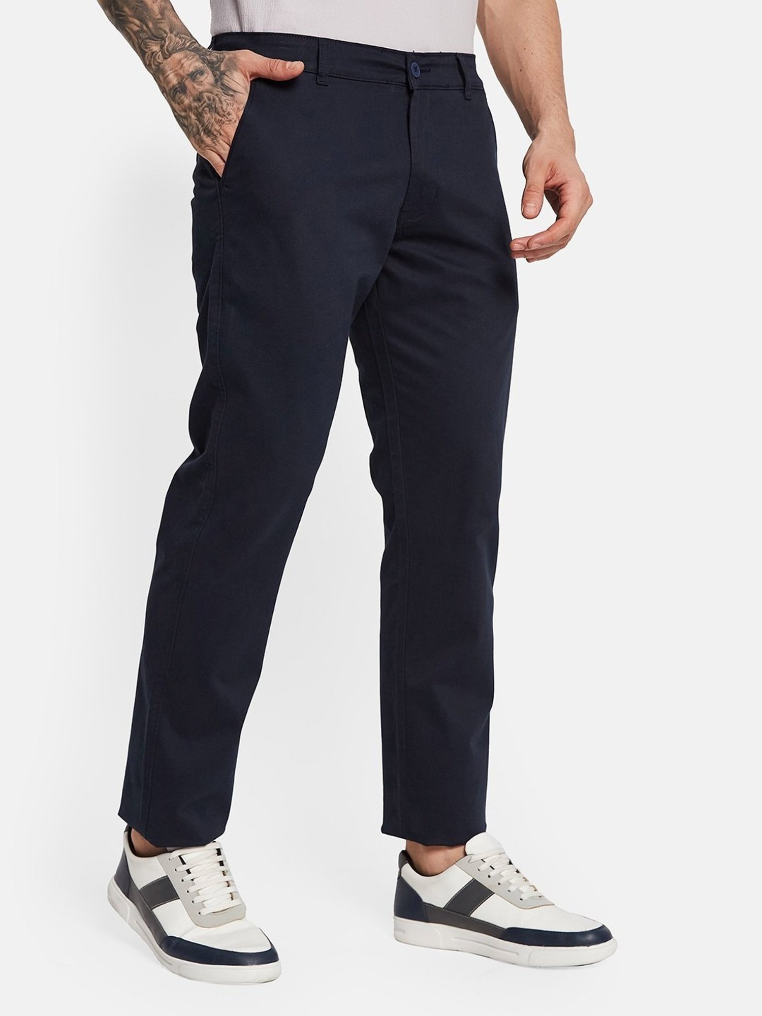 Octave Navy Cotton Regular Fit Trousers