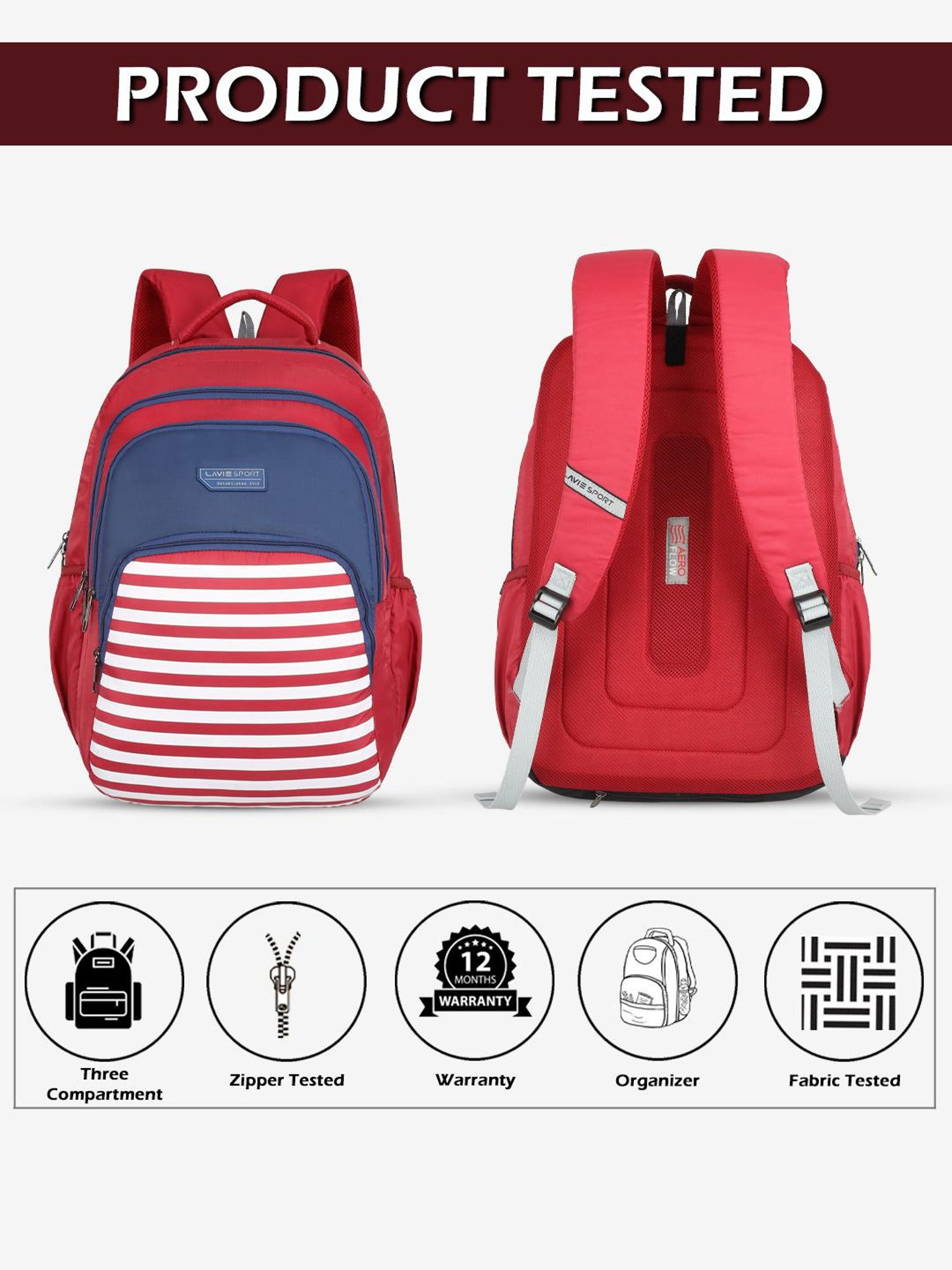 Lavie Sport Nautical 39L Printed School Unisex Backpack with Rain cover for Boys/Girls (Red)