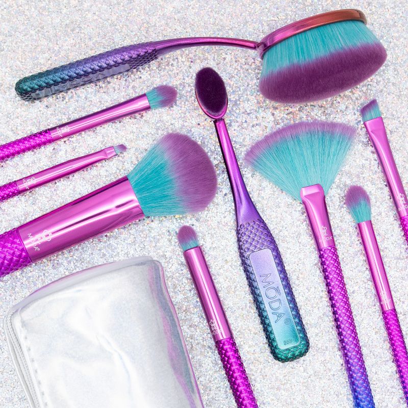 MODA Brush Prismatic 10pc Deluxe Gift Makeup Brush Set with Holographic Zip Case, Includes - Foundation, Fan, Eye Shader, and Angle Eyeliner Brushes