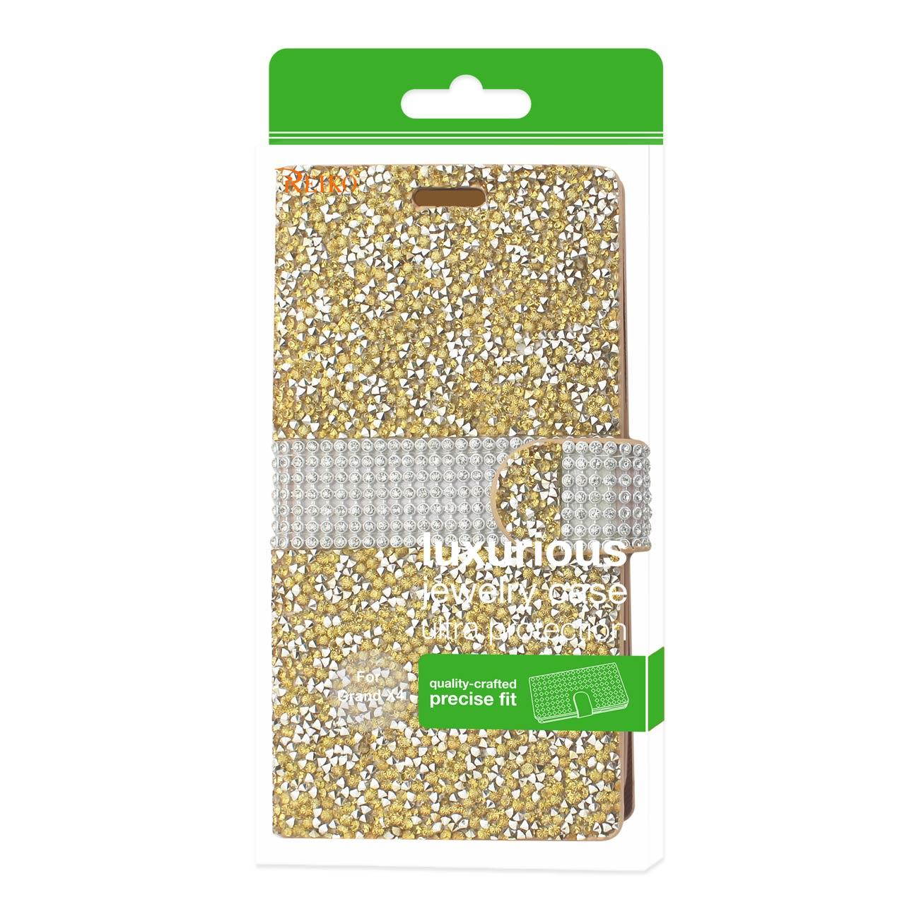 REIKO GRAND X 4 DIAMOND RHINESTONE WALLET CASE IN GOLD