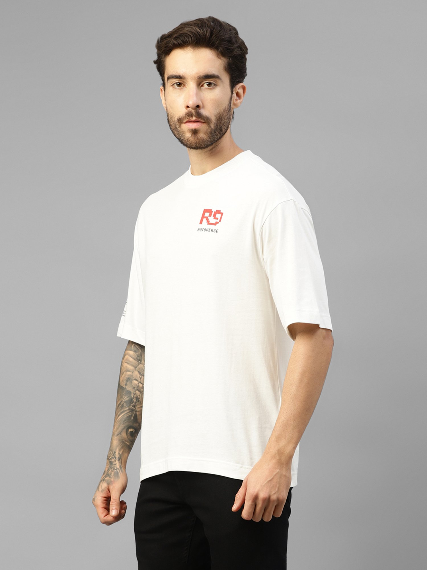 Royal Enfield Moto Emoji White Regular Fit Printed Oversized Crew T-Shirt