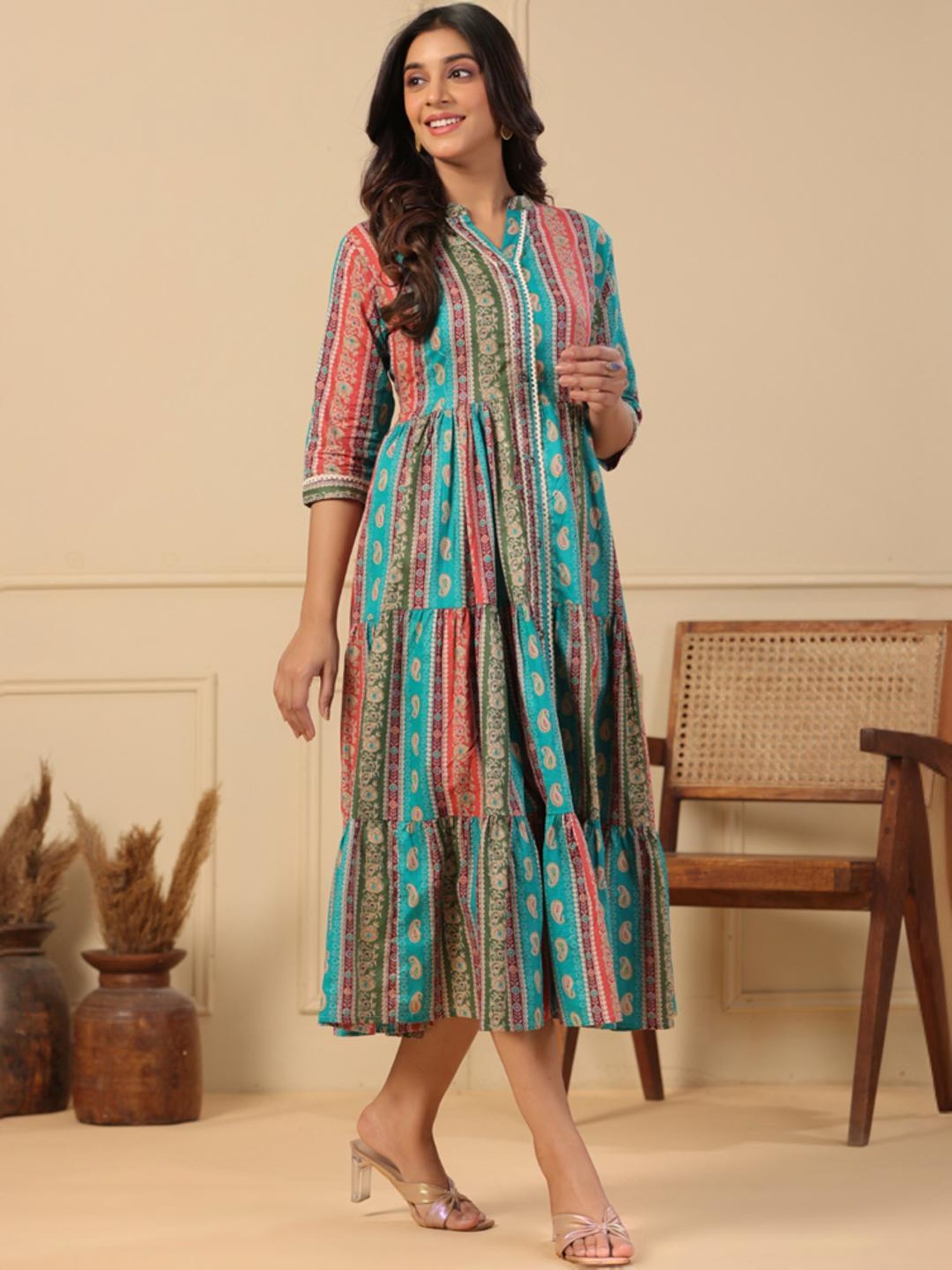 Fashor Blue & Pink Cotton Printed A-Line Dress