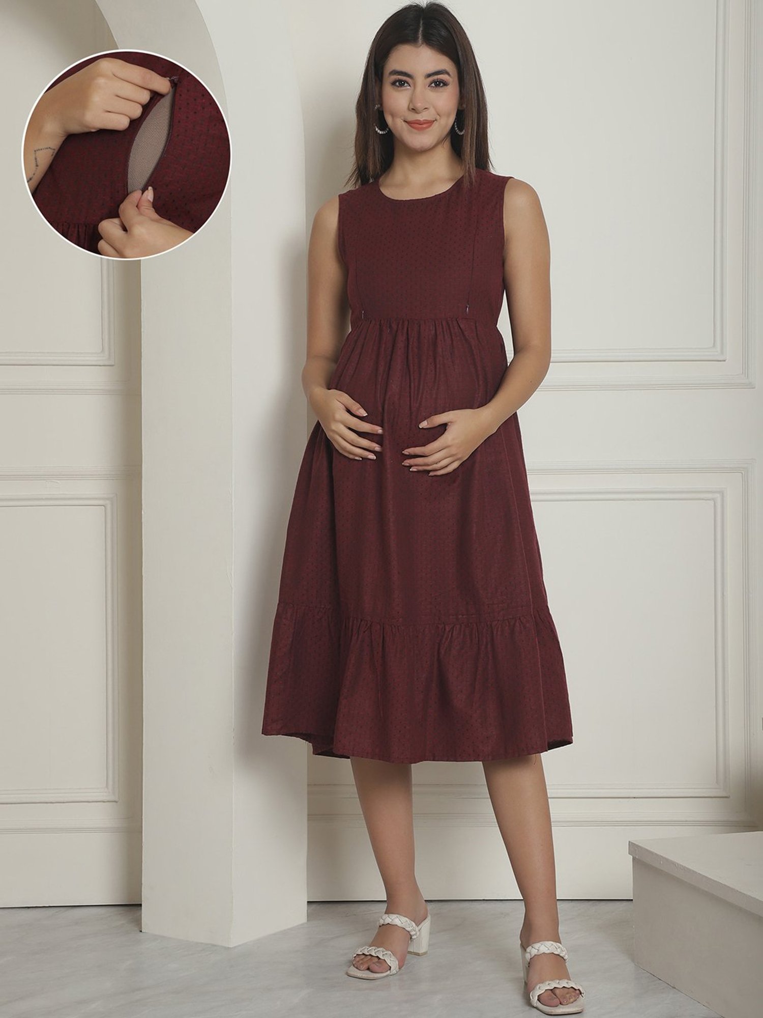 Moms Maternity Maroon Self Designs Maternity Midi Dress