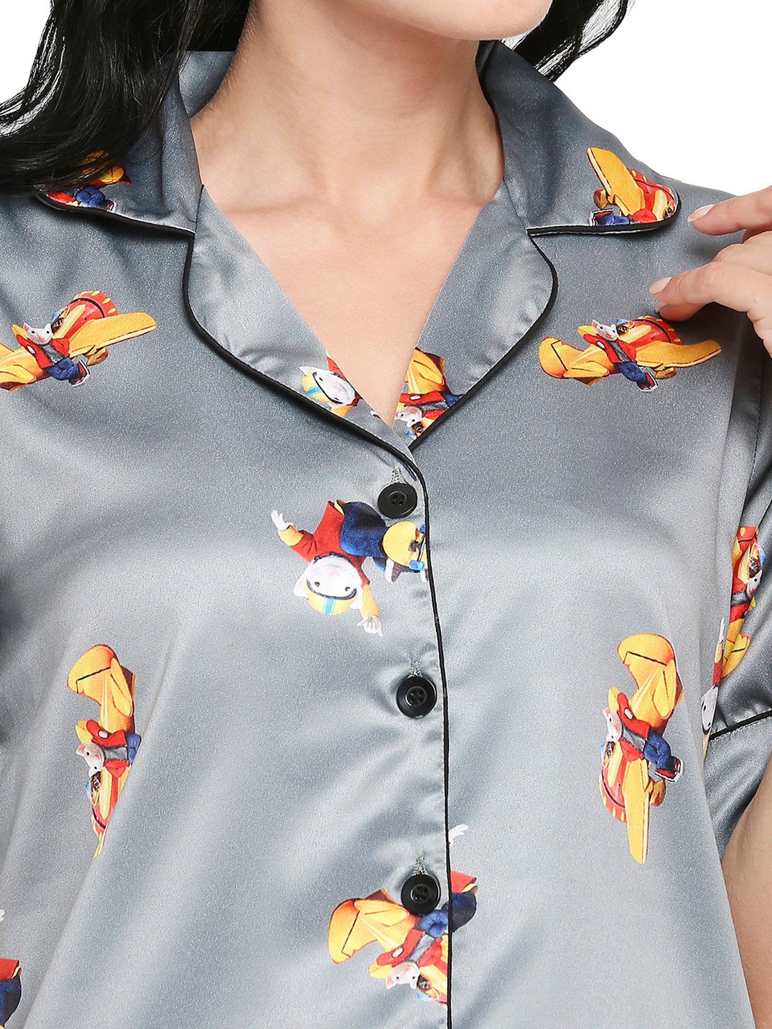 Smarty Pants Light Grey Satin Print Shirt With Pyjamas