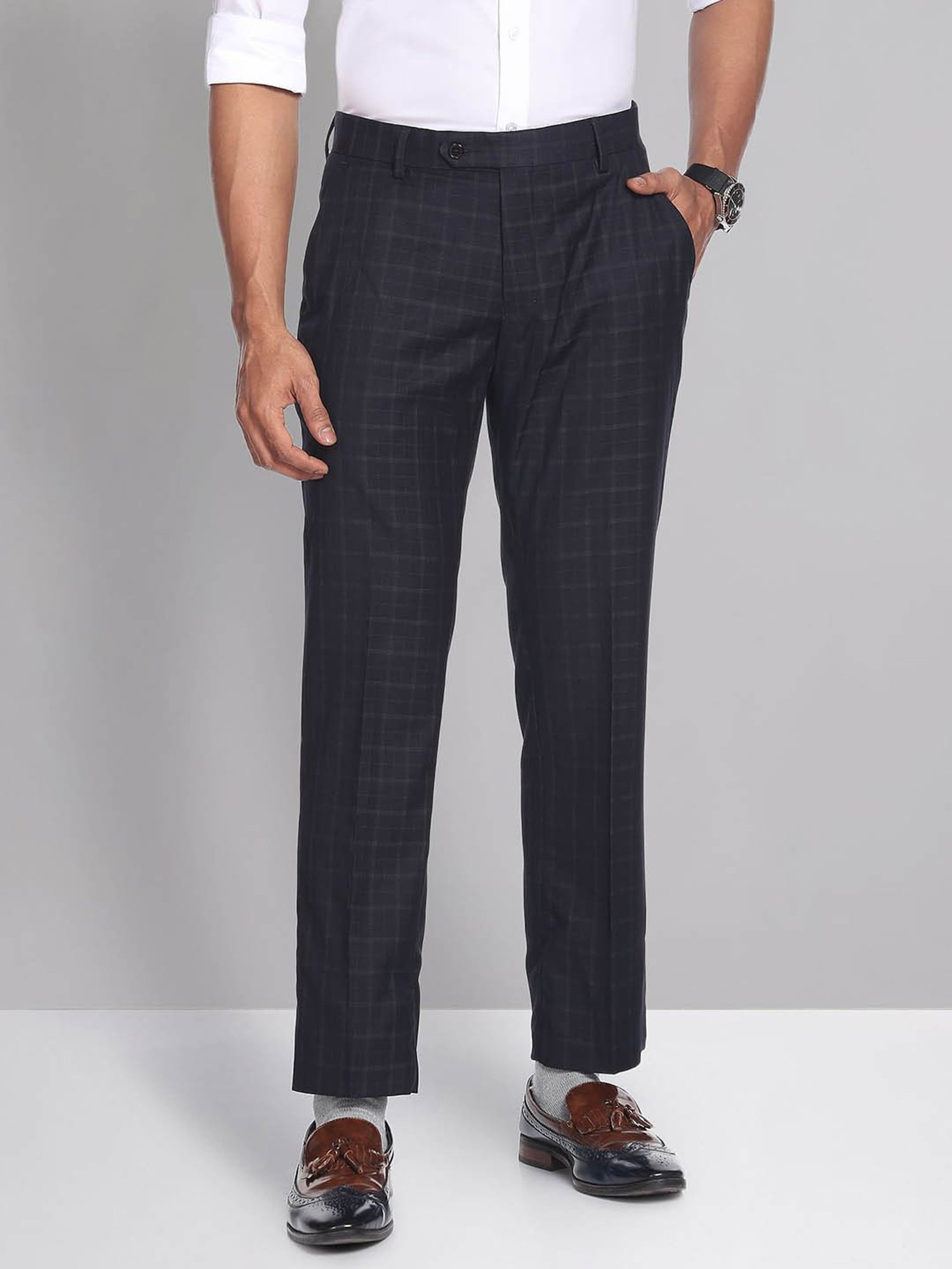 AD by Arvind Dark Navy Regular Fit Flat Front Trousers
