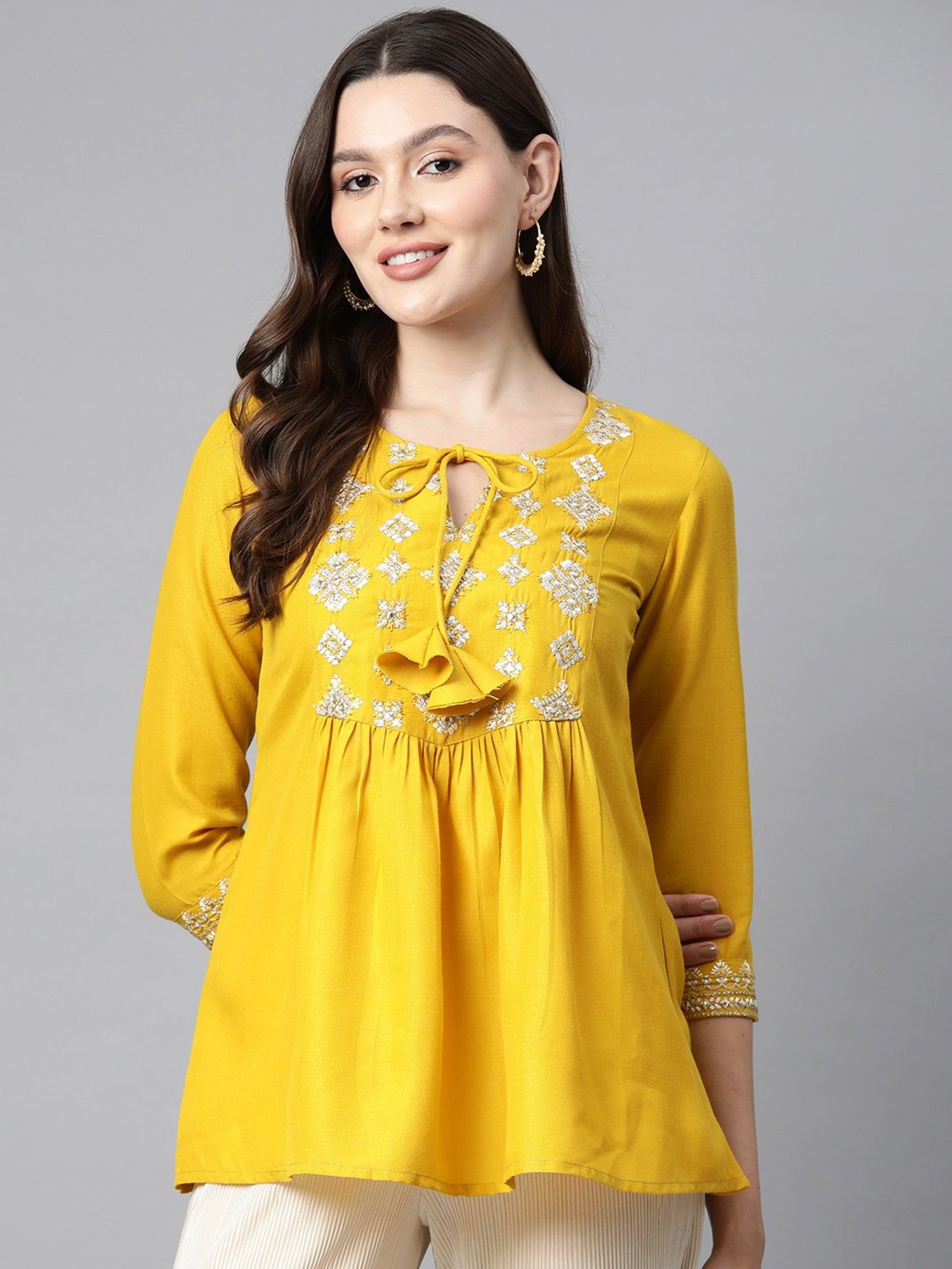Cottinfab Yellow Embroidered Top