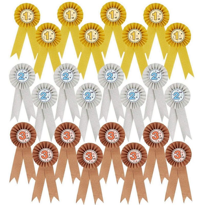 Juvale 24-Pack Award Ribbons - Participation Decorations, Rosette Ribbons, 1st, 2nd, 3rd Place Recognition
