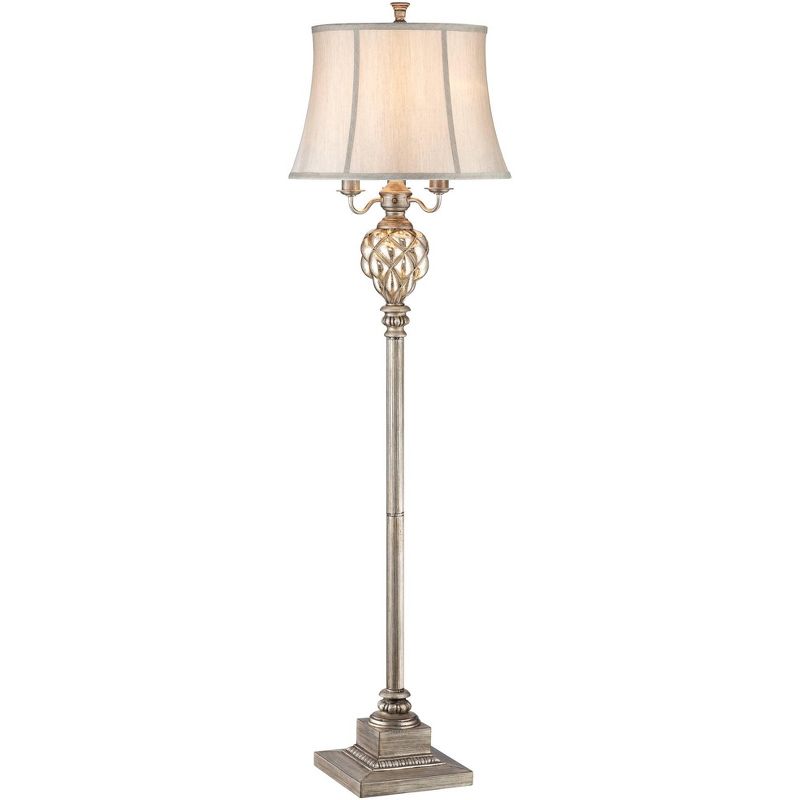 Barnes and Ivy Traditional Floor Lamp with Nightlight LED Olde Silver Mercury Glass Faux Silk Bell Shade for Living Room Reading