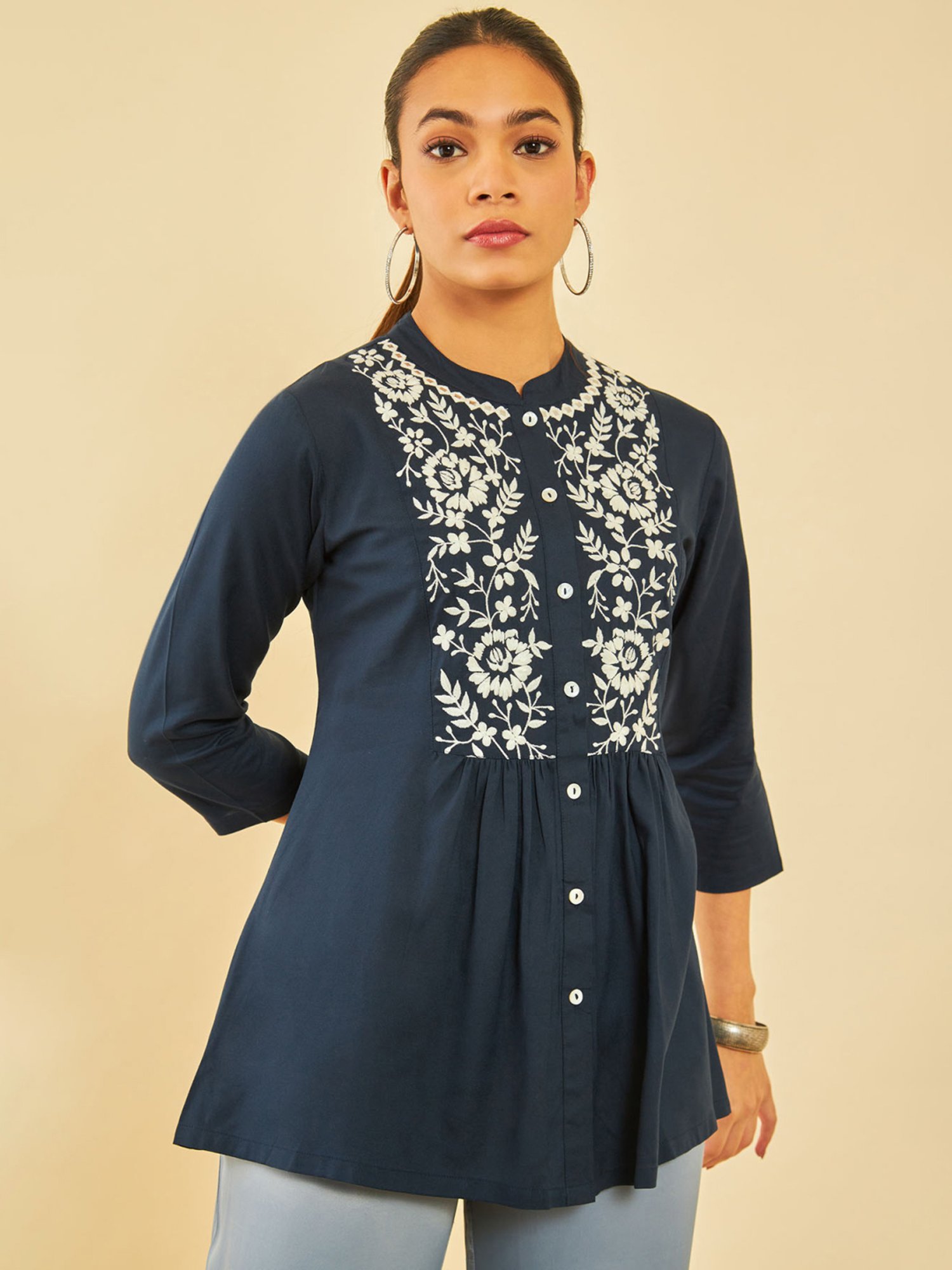 Soch Womens Navy Blue Rayon Embroidered Ethnic Tunic