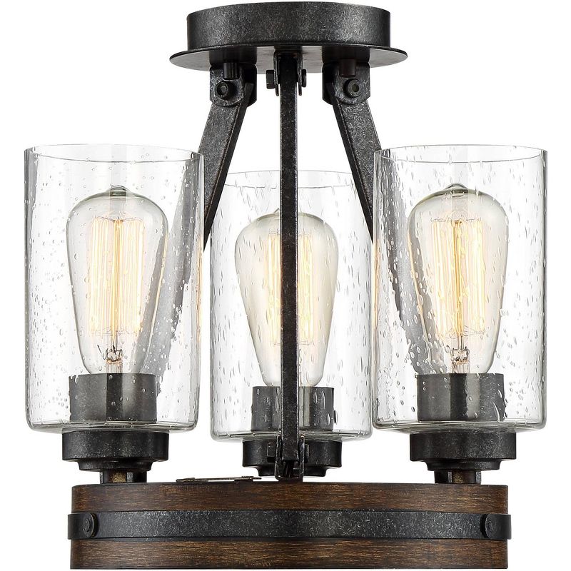 Franklin Iron Works Industrial Ceiling Light Semi Flush Mount Fixture Iron Gray 12" Wide 3-Light Faux Wood Seeded Glass Bedroom