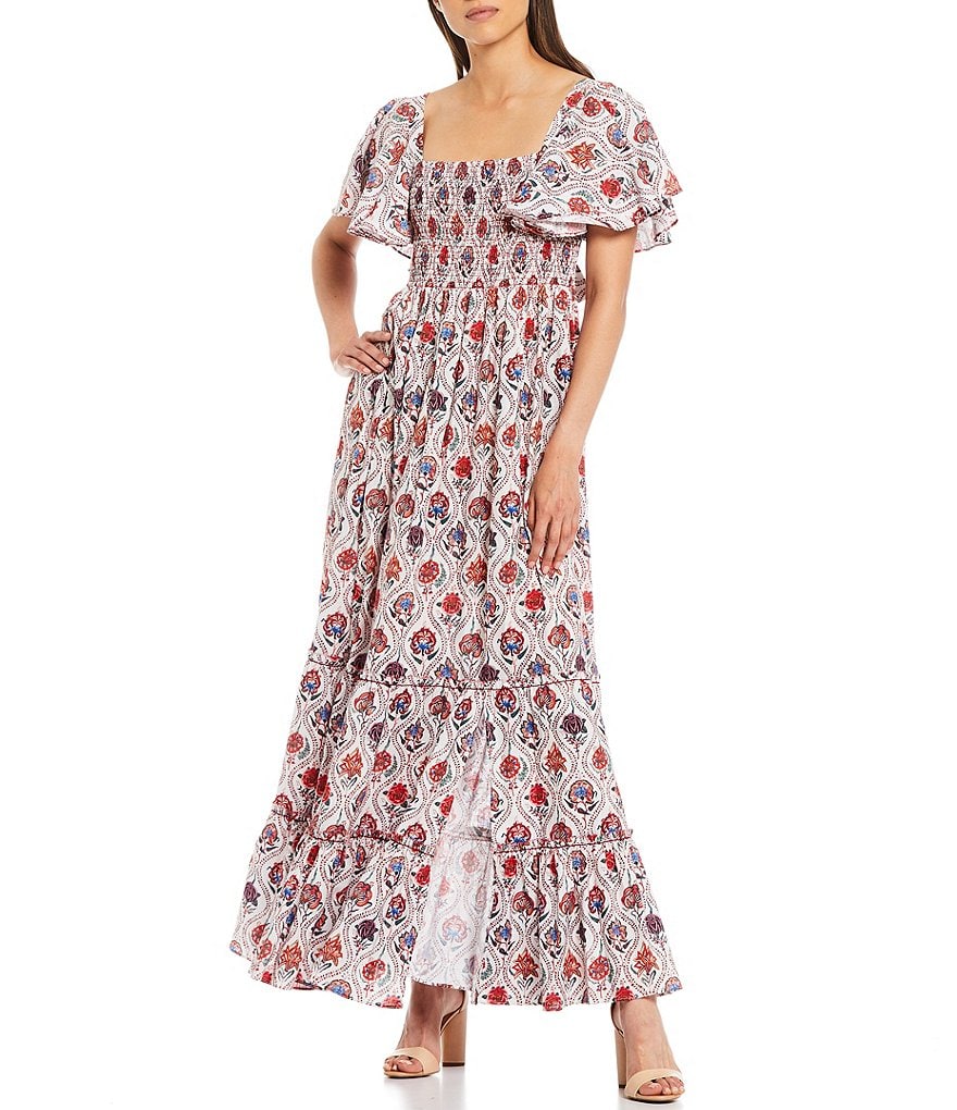 Sachin & Babi Danni Square Neck Flutter Sleeve Floral Print Maxi Dress