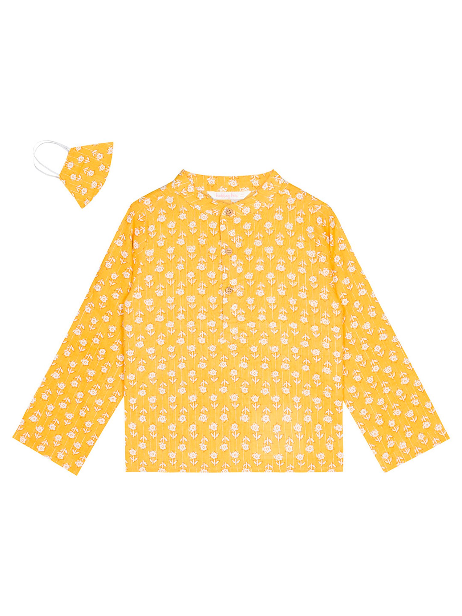 Budding Bees Kids Yellow & White Floral Print Full Sleeves Kurta, Pants with Mask