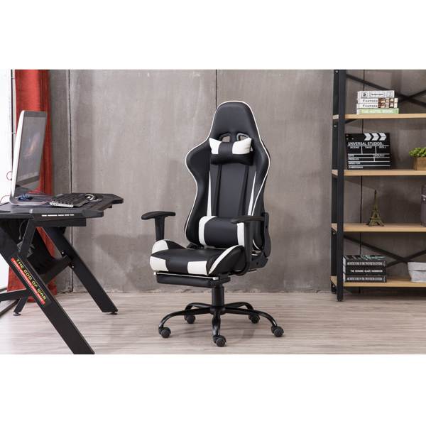 High Back Office Swivel Chair Gaming Chair Adjustable Chair with Footrest Tier Black & White