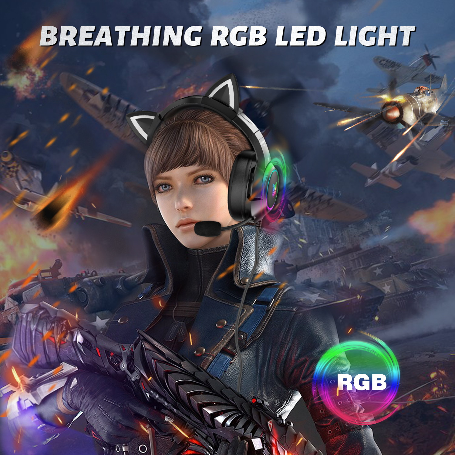 K9 Gaming Headset with Removable Cat Ears, for PS5, PS4, Nintendo Switch, PC, with Surround Sound, RGB LED Light & Noise Canceling Retractable Microphone
