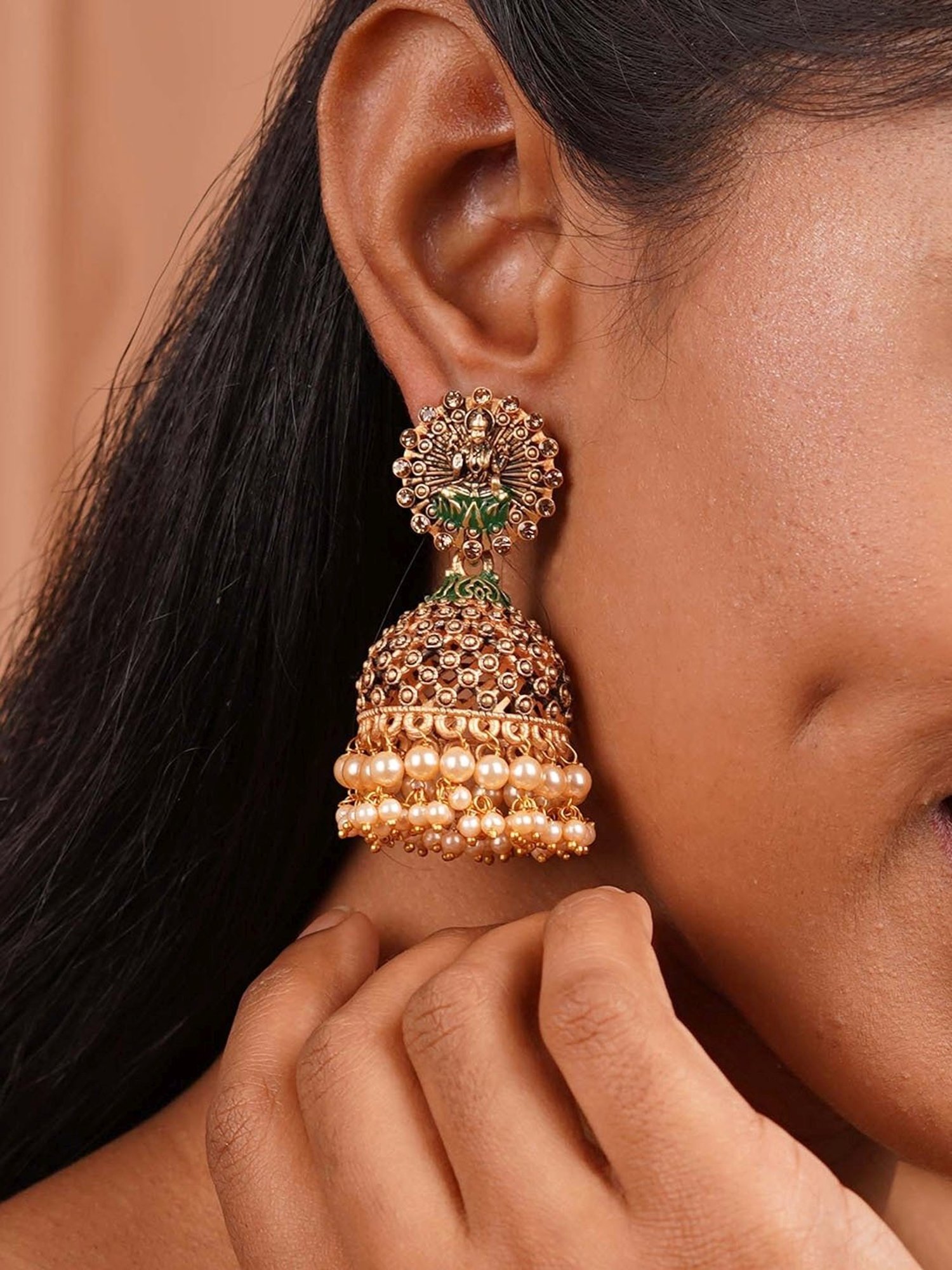 Teejh Chakriya Green Golden Enamel Jhumki Earrings