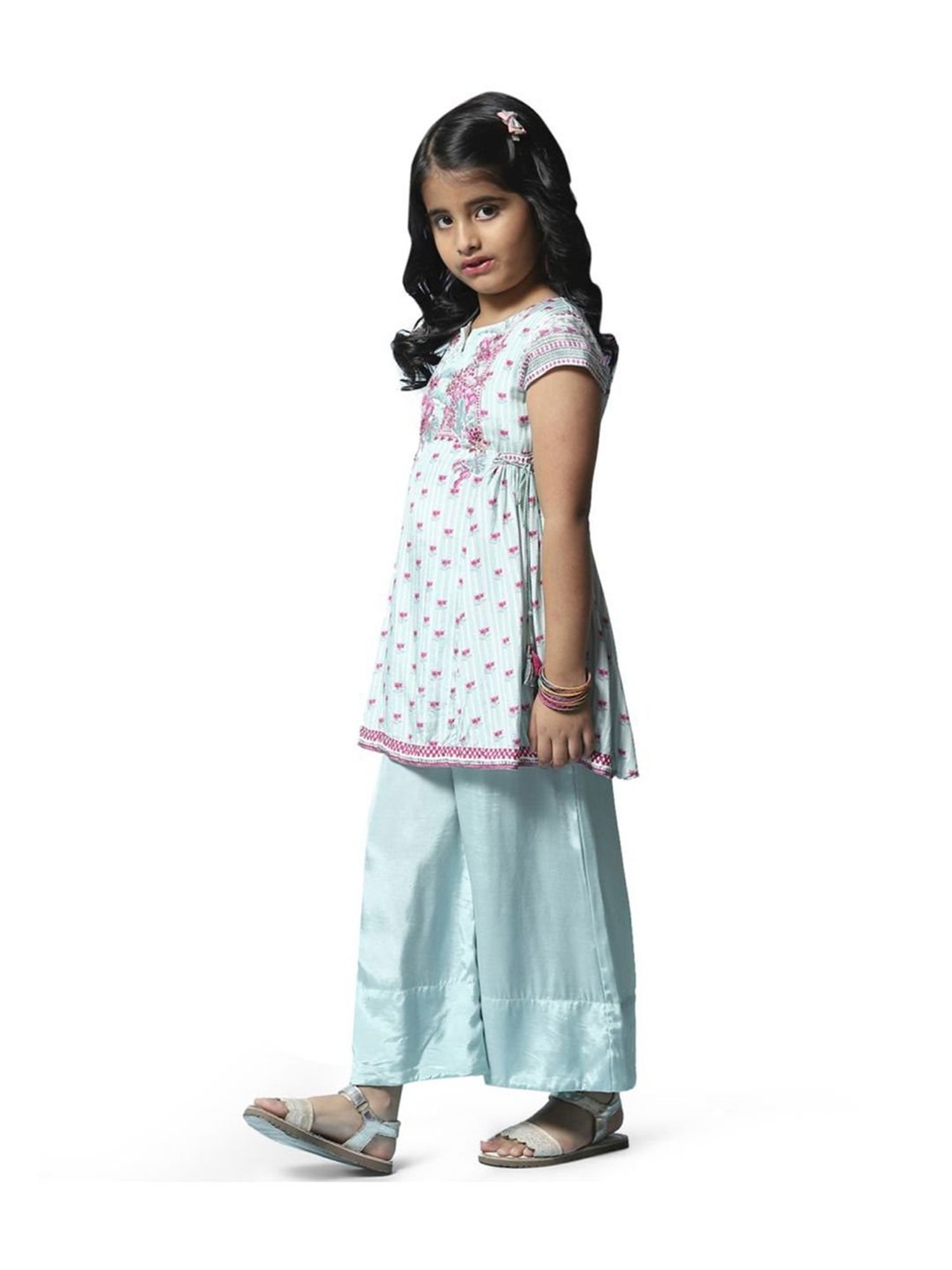 Biba Girls Sea Blue & Pink Floral Print Kurta Set